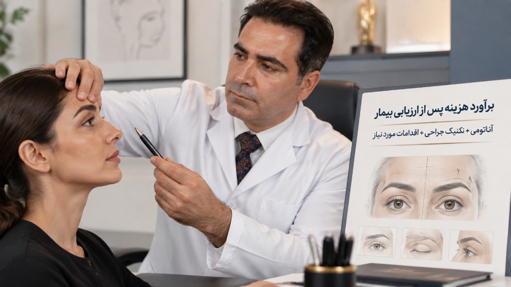 معاینه ابرو و پیشانی در مشاوره لیفت ابرو؛ برآورد هزینه پس از ارزیابی بیمار