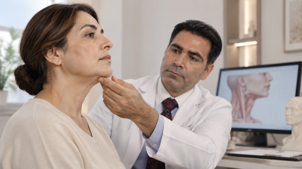 معاینه گردن و فک در مشاوره لیفت گردن؛ برآورد هزینه پس از ارزیابی بیمار