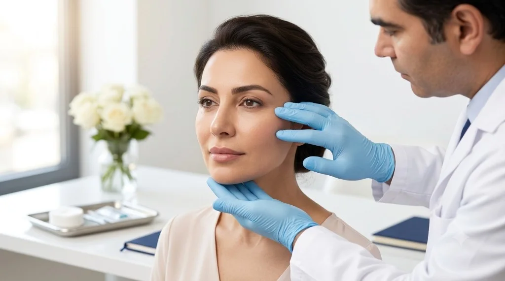 معاینه صورت بیمار توسط جراح برای برنامه‌ریزی جوانسازی غیرجراحی در مرکز جوانسازی فیس‌لیفت ۳۶۰