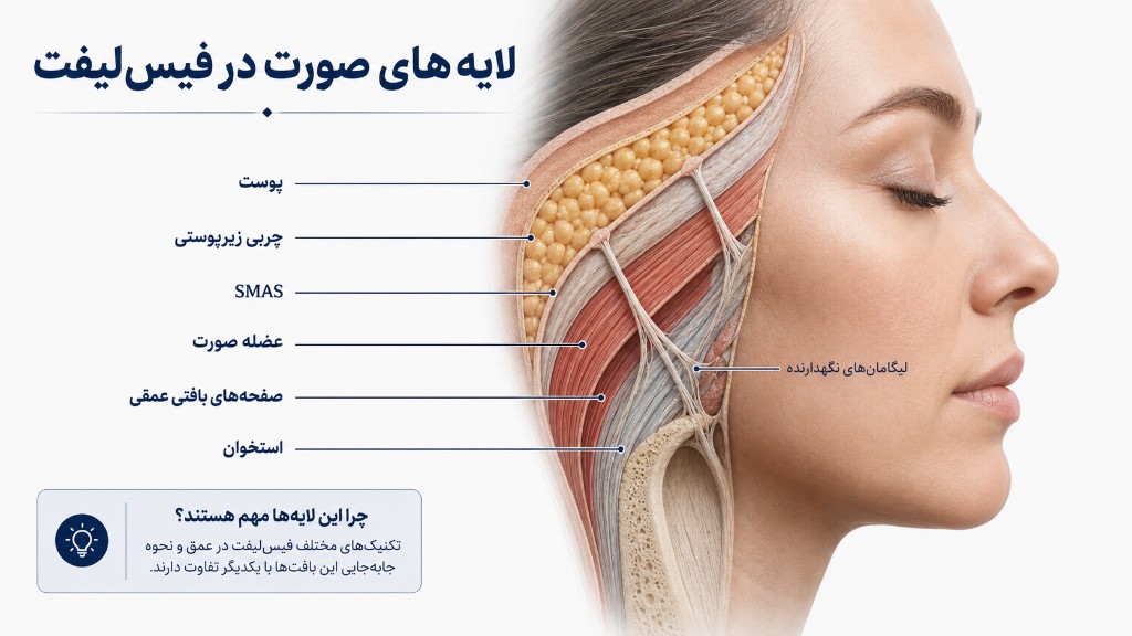 لایههای صورت در فیسلیفت — پوست، چربی زیرپوستی، SMAS، عضلات و لیگامانهای نگهدارنده