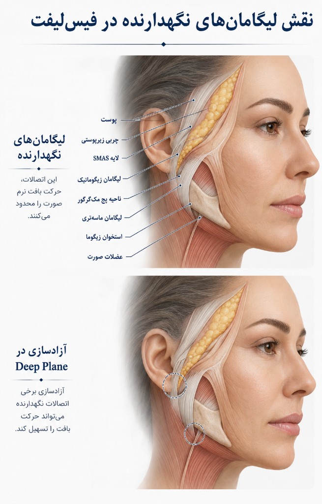 نقش لیگامانهای نگهدارنده در فیسلیفت و آزادسازی در Deep Plane