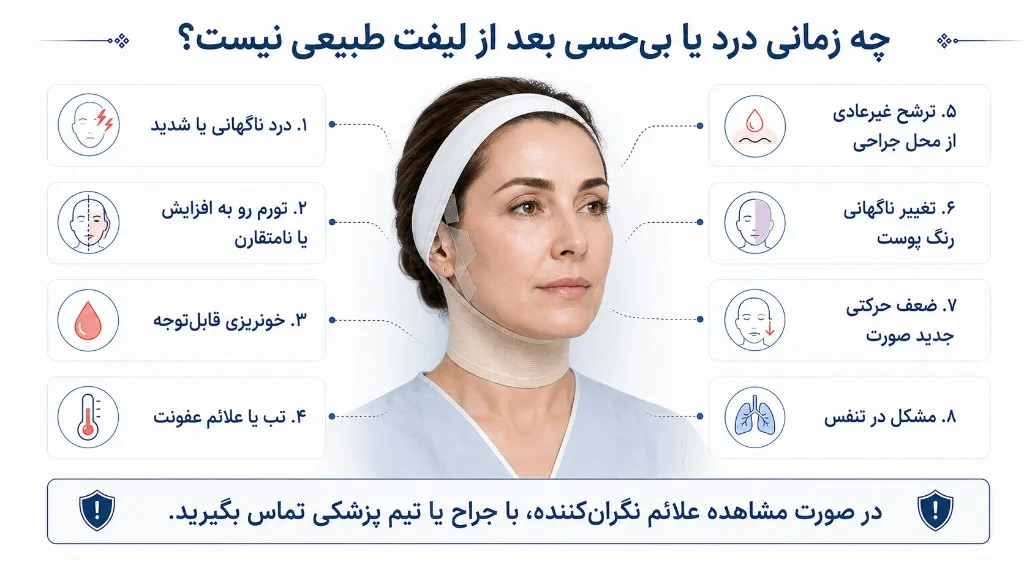 علائم هشدار بعد از لیفت صورت: درد شدید، تورم نامتقارن، خونریزی، تب و ضعف حرکتی