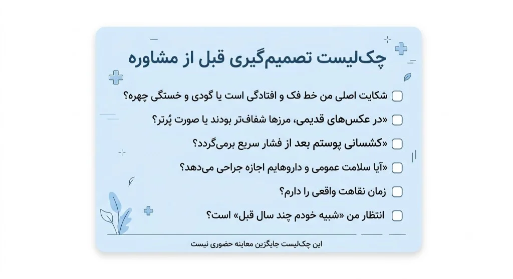 چک‌لیست تصمیم‌گیری قبل از مشاوره لیفت صورت یا تزریق چربی