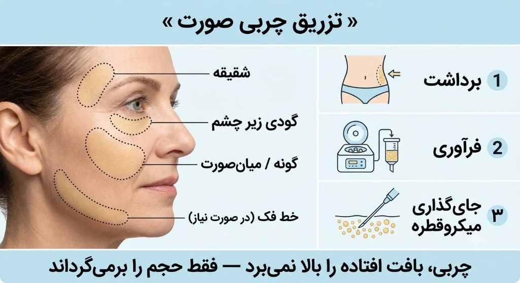 نقشه نواحی تزریق چربی صورت و مراحل برداشت، فرآوری و جای‌گذاری