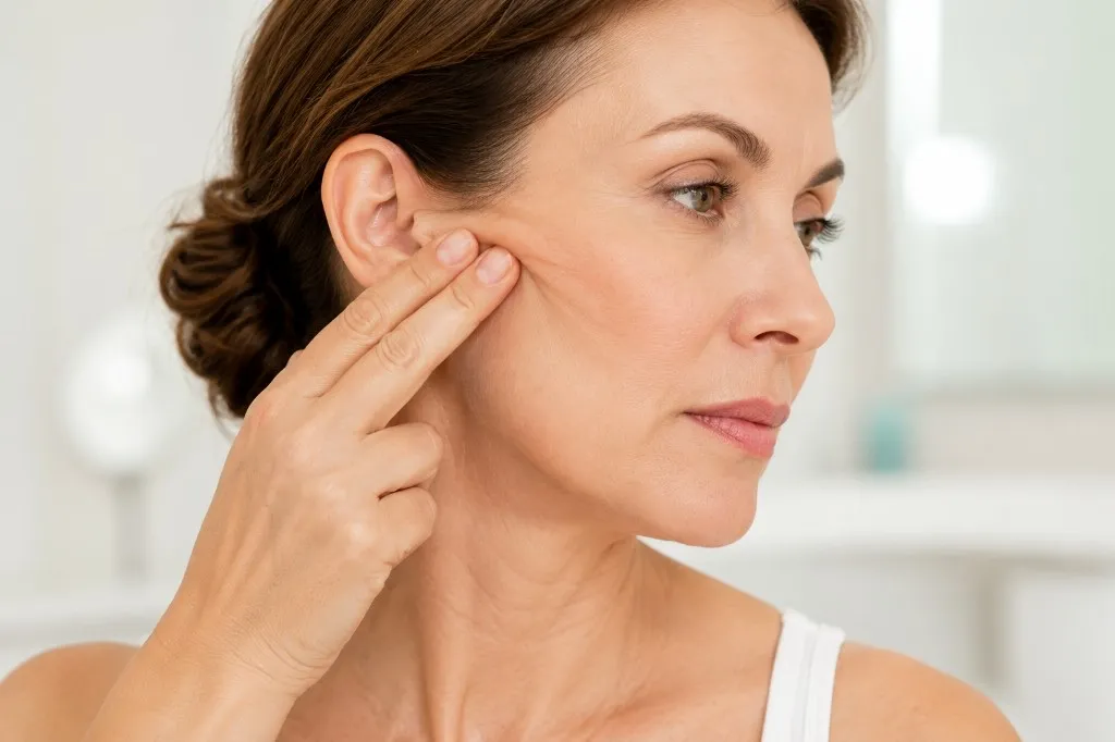 Home finger-lift test gently pulling cheek skin toward the ear