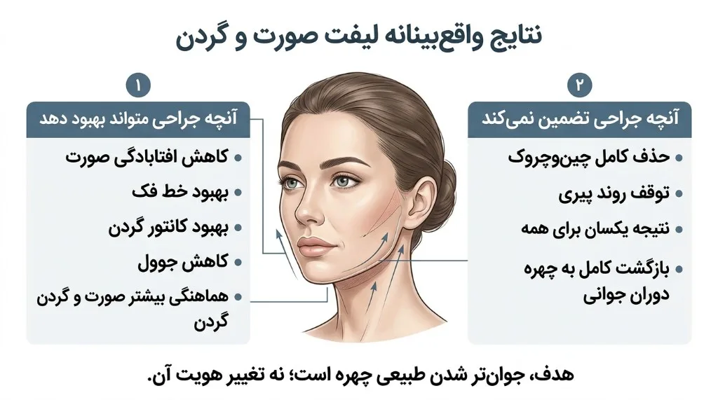 نتایج واقع‌بینانه لیفت صورت و گردن