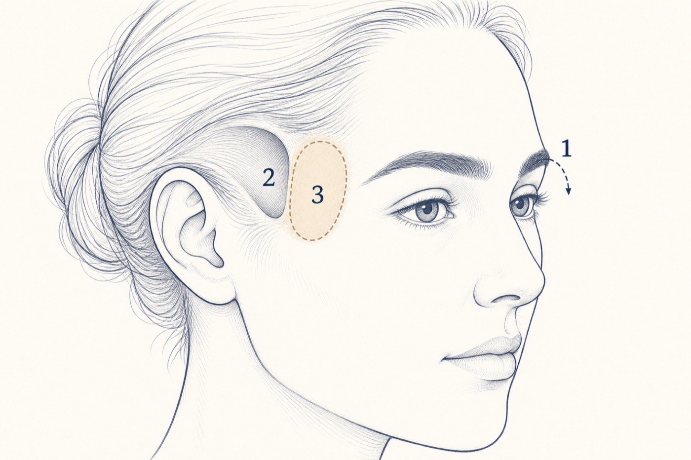 Educational temple diagram: outer-brow tissue descent versus volume hollowness